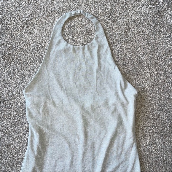 Reformation Selene Knit Dress in Silver Sparklr L Halter Neck Open Back NWT - Picture 7 of 12